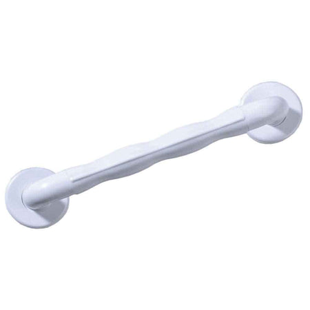 Full view of Natural Grip Plastic Straight Grab Rail grab rail with circular wall plates and a textured grip, designed to provide support in bathrooms and other areas.