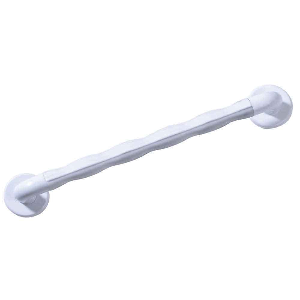 Full view of Natural Grip Plastic Straight Grab Rail grab rail with circular wall plates and a textured grip, designed to provide support in bathrooms and other areas.