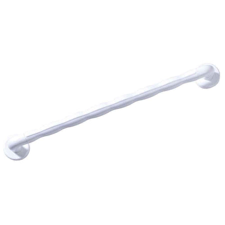 Full view of Natural Grip Plastic Straight Grab Rail grab rail with circular wall plates and a textured grip, designed to provide support in bathrooms and other areas.