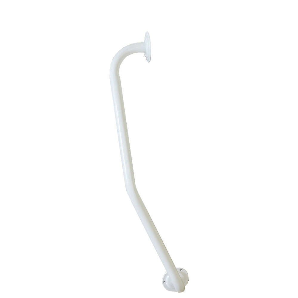 Full view of Newel Post Grab Rail grab rail with circular wall plates and a textured grip, designed to provide support in bathrooms and other areas.