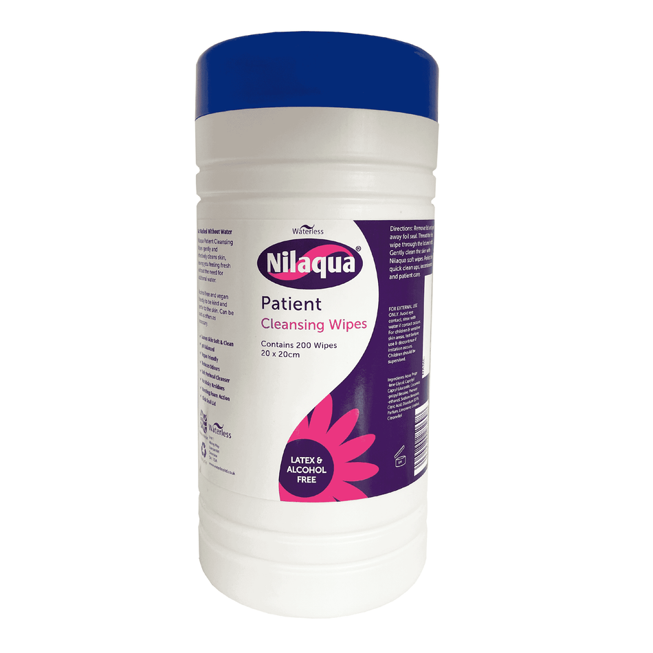 Image of Nilaqua Patient Cleansing Wipes on a plain background.