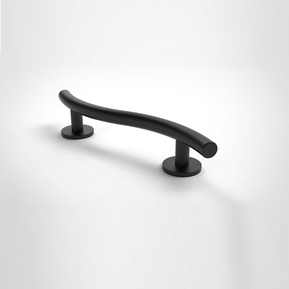 Close-up of a wall mounting plate on Nymas Matt Black Curved Grab Rail grab rail showing screw holes for secure installation.