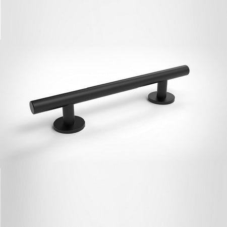 Full view of Nymas Matt Black Straight Grab Rail grab rail with circular wall plates and a textured grip, designed to provide support in bathrooms and other areas.