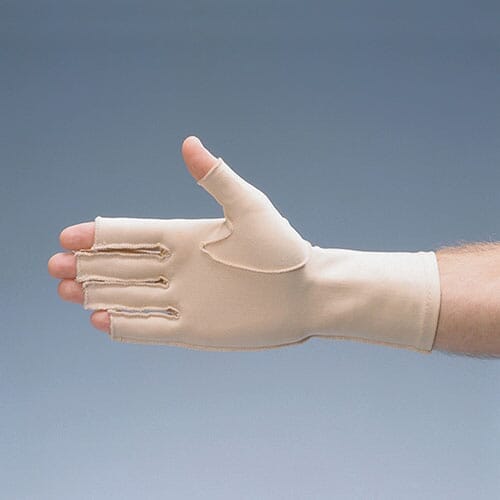 Pair of Open Finger Oedema Glove arthritis gloves on a plain background, showing the open-finger design and stretchy fabric.