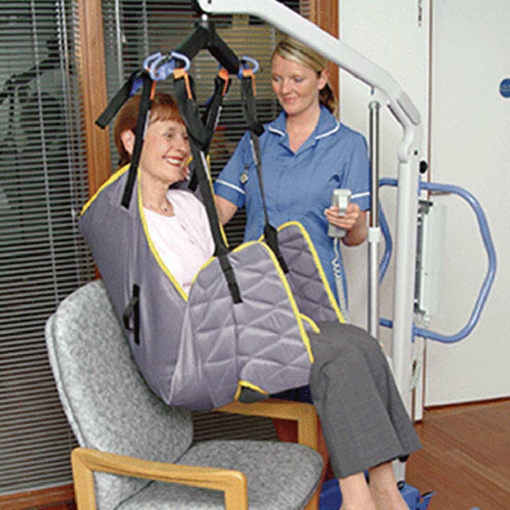 Close-up of the sling attachment points or spreader bar on Oxford Advance Folding Electric Hoist hoist.