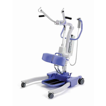 Full view of Oxford Journey Stand Aid mobile hoist on a plain background, showing the wheeled base, upright mast and sling attachment.