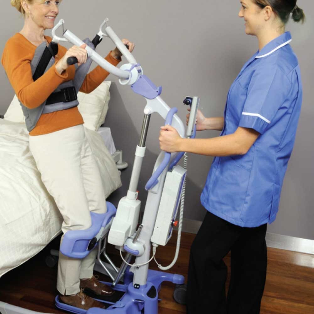 Close-up of the sling attachment points or spreader bar on Oxford Journey Stand Aid hoist.