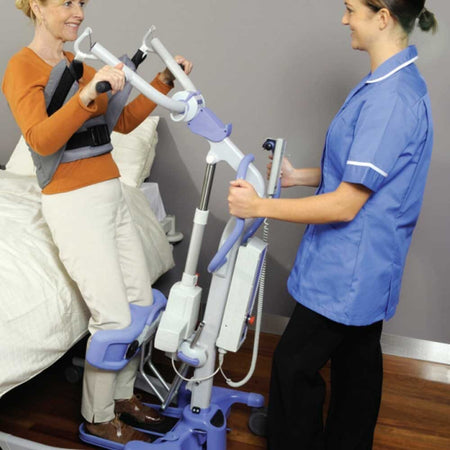 Close-up of the sling attachment points or spreader bar on Oxford Journey Stand Aid hoist.