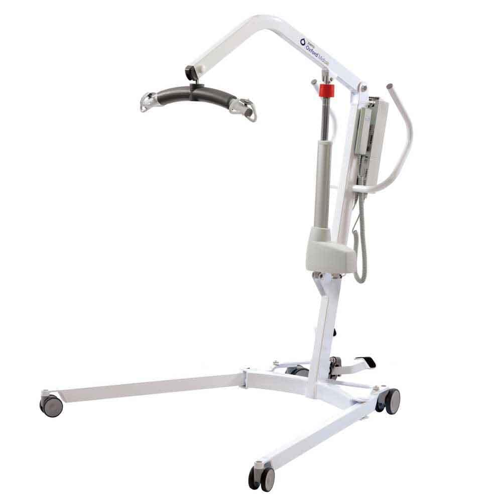 Full view of Oxford Midi 180 Electric Hoist mobile hoist on a plain background, showing the wheeled base, upright mast and sling attachment.