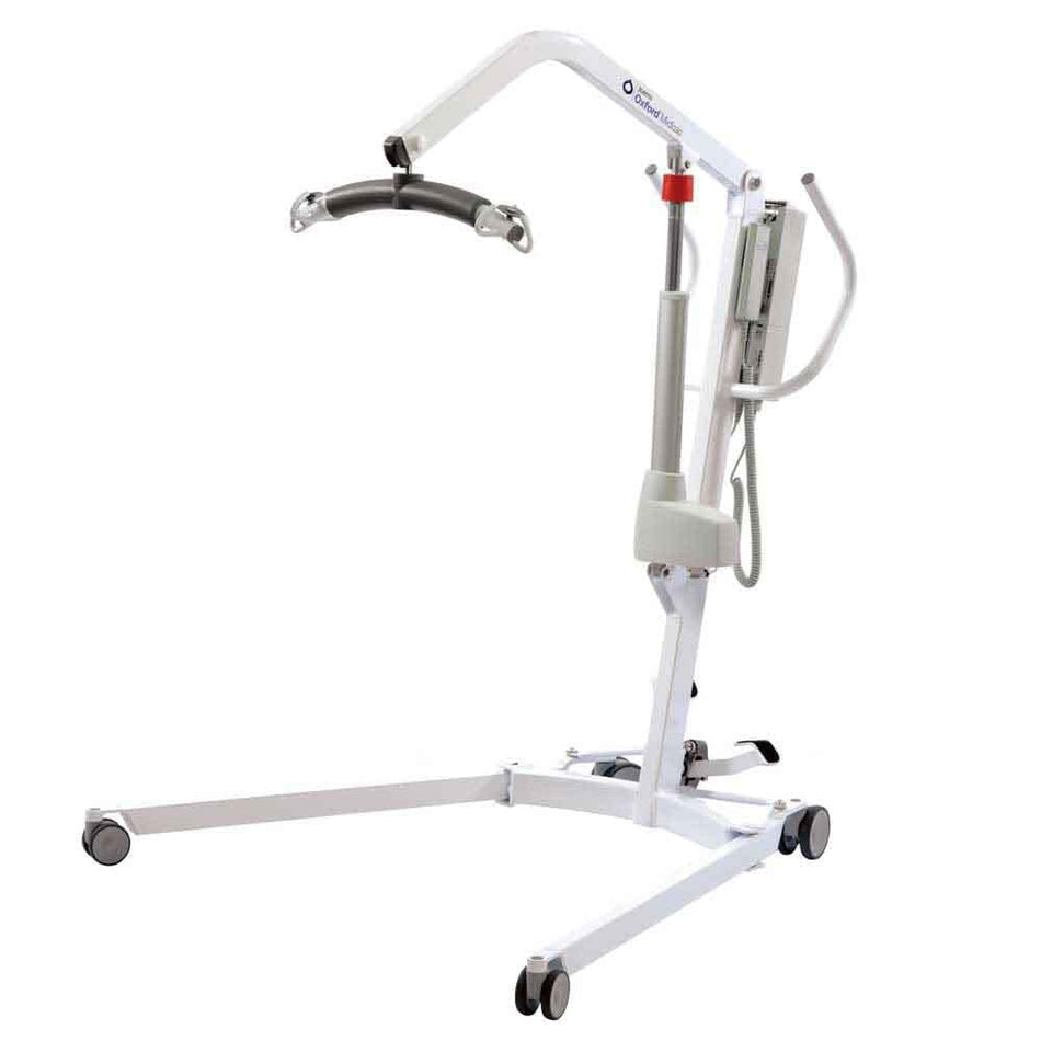 Full view of Oxford Midi 180 Electric Hoist mobile hoist on a plain background, showing the wheeled base, upright mast and sling attachment.