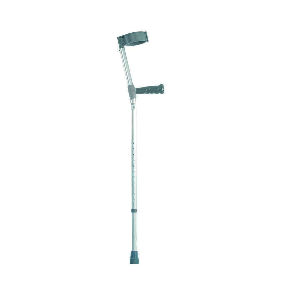 Pair of Single Adjustable Coopers Crutches: single elbow crutch on a plain background with an ergonomic handle, adjustable height and open cuff.