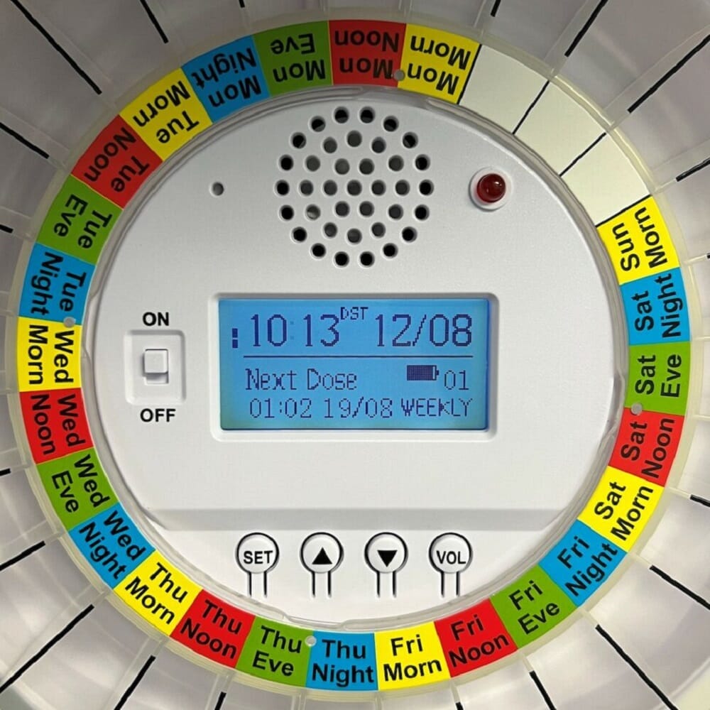 Close-up of a feature of Pippa Tipper Automatic Lockable Pill Dispenser.