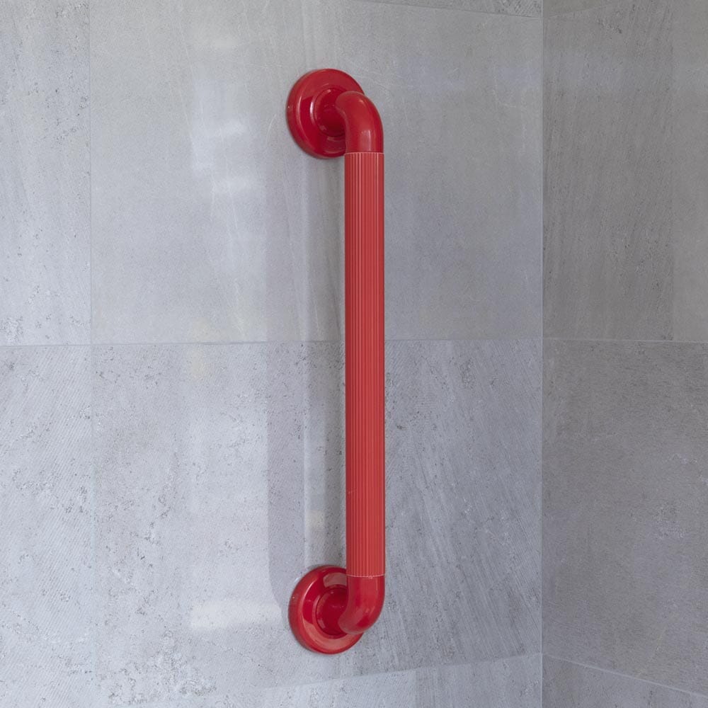 Full view of Plastic Fluted Grab Rail-450mm 18-Red grab rail with circular wall plates and a textured grip, designed to provide support in bathrooms and other areas.