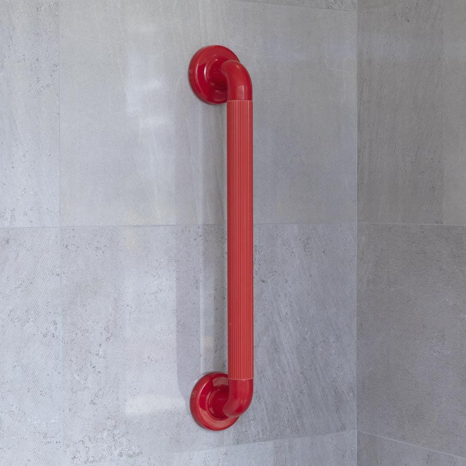 Full view of Plastic Fluted Grab Rail-450mm 18-Red grab rail with circular wall plates and a textured grip, designed to provide support in bathrooms and other areas.