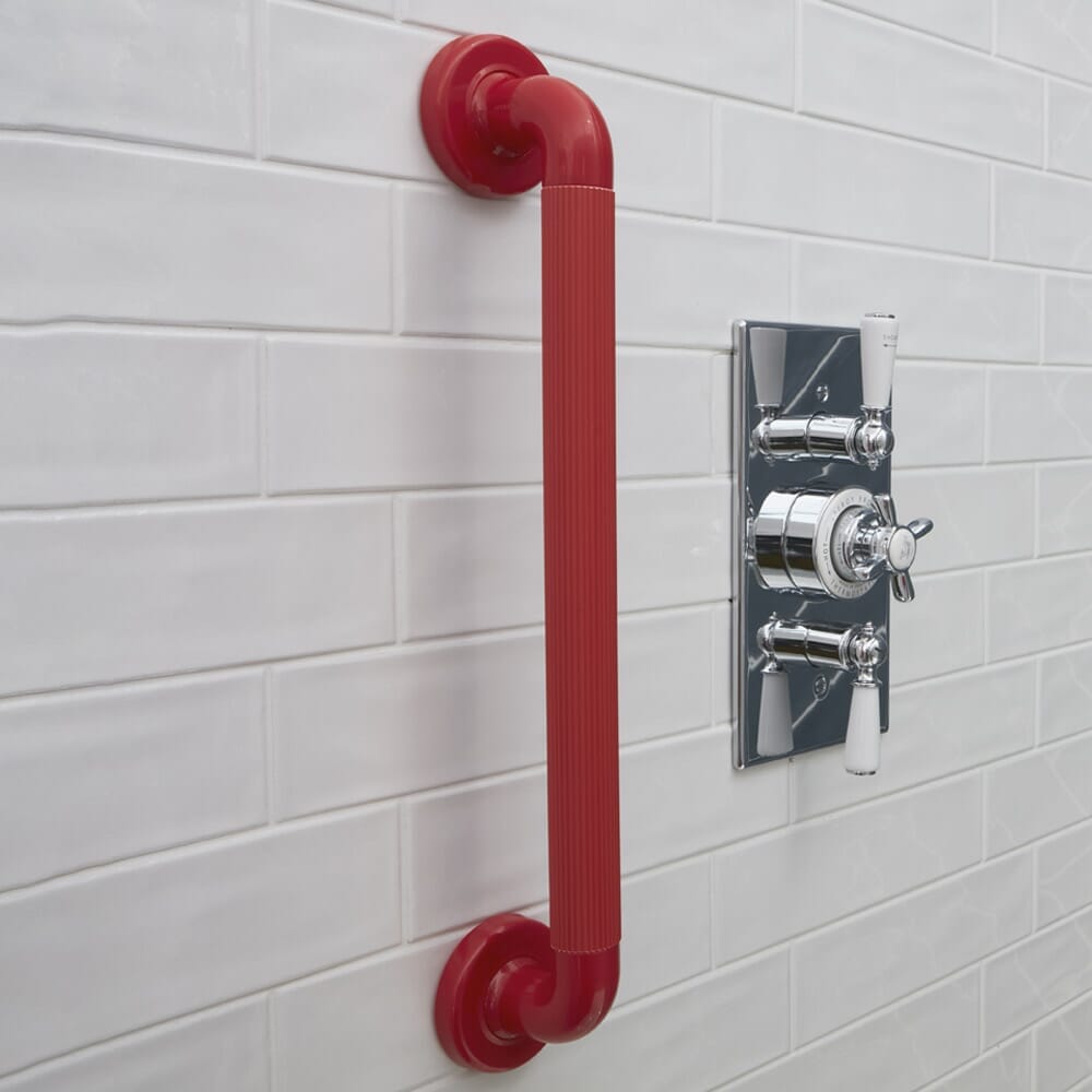 Close-up of the textured or fluted grip section on Plastic Fluted Grab Rail-450mm 18-Red grab rail, highlighting the anti-slip surface.