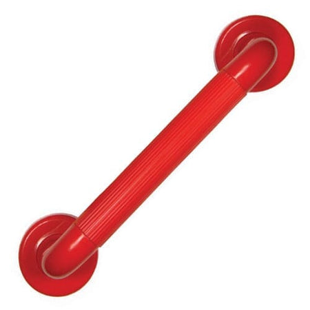 Plastic Fluted Grab Rail-450mm 18-Red installed next to a bath, shower or toilet, illustrating how it offers extra support and stability.