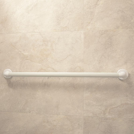 Full view of Plastic Fluted Grab Rail-915mm 36 grab rail with circular wall plates and a textured grip, designed to provide support in bathrooms and other areas.