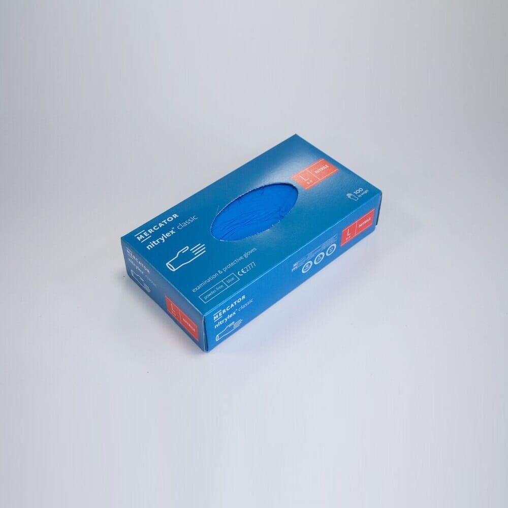 Powder Free Blue Disposable Nitrile Gloves gloves being worn, showing how they fit snugly on the hands and allow finger movement.