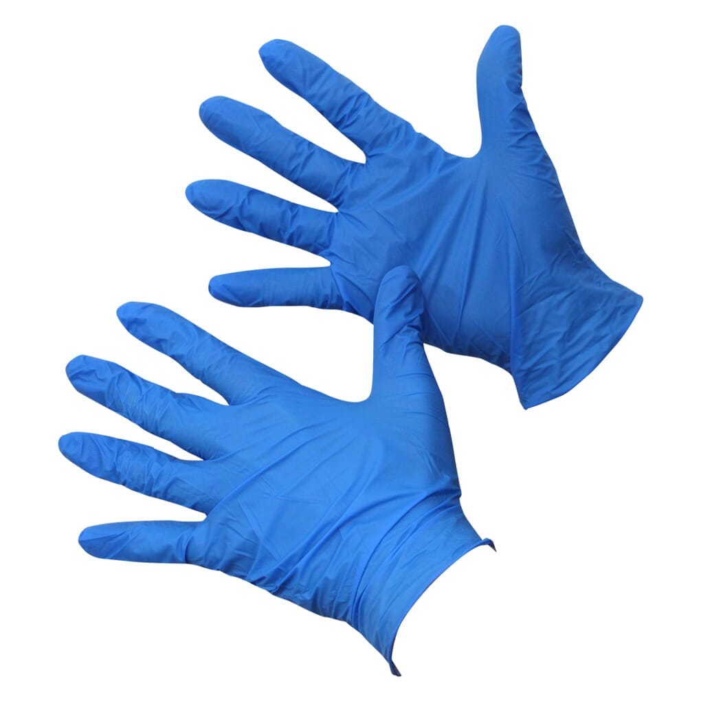 Pair of Powder Free Blue Disposable Nitrile Gloves arthritis gloves on a plain background, showing the open-finger design and stretchy fabric.