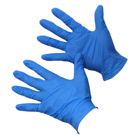 Pair of Powder Free Blue Disposable Nitrile Gloves arthritis gloves on a plain background, showing the open-finger design and stretchy fabric.