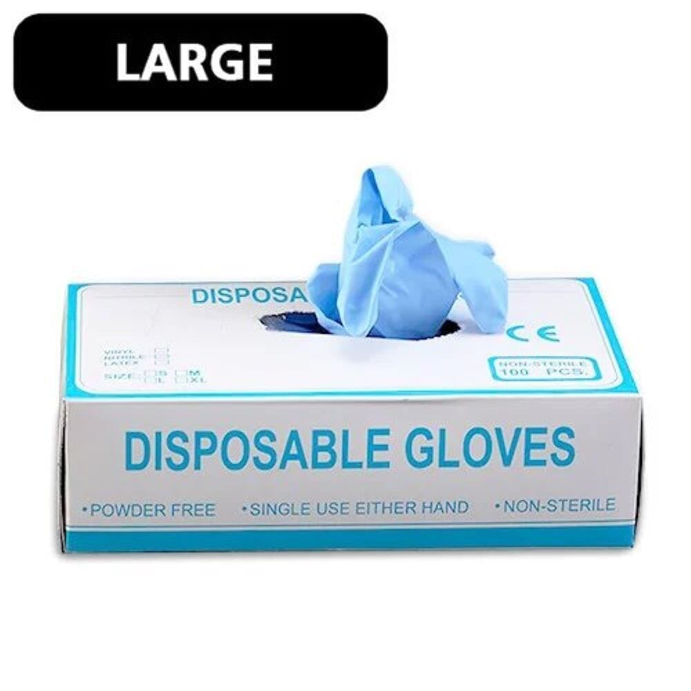 Powder Free Blue Disposable Nitrile Gloves gloves being worn, showing how they fit snugly on the hands and allow finger movement.
