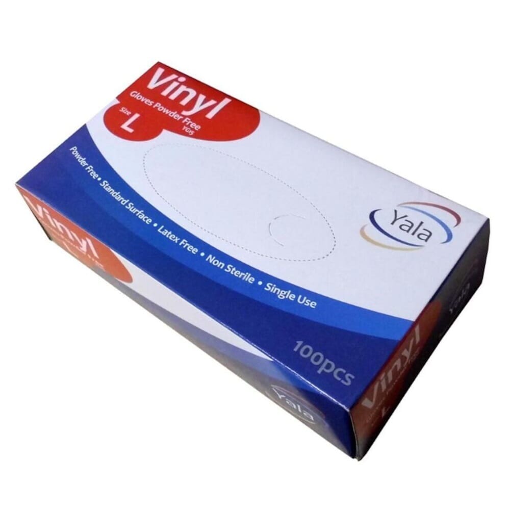 Powder Free Vinyl Gloves gloves being worn, showing how they fit snugly on the hands and allow finger movement.