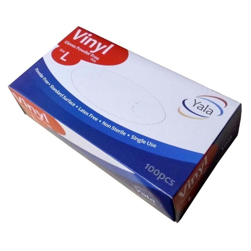 Powder Free Vinyl Gloves gloves being worn, showing how they fit snugly on the hands and allow finger movement.