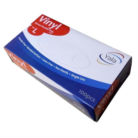 Powder Free Vinyl Gloves gloves being worn, showing how they fit snugly on the hands and allow finger movement.