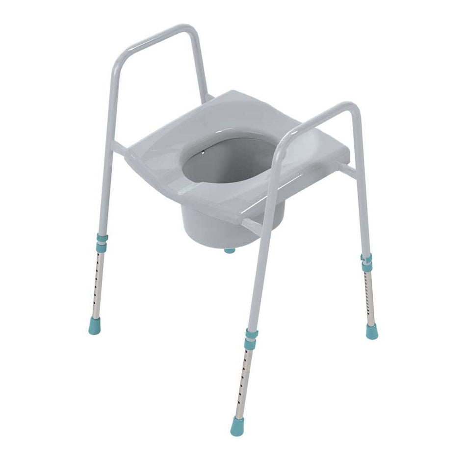 Prima Flat Pack Classic Toileting Commode with lid raised showing the open seat and removable commode pan, with supportive arms and adjustable height on a plain background.