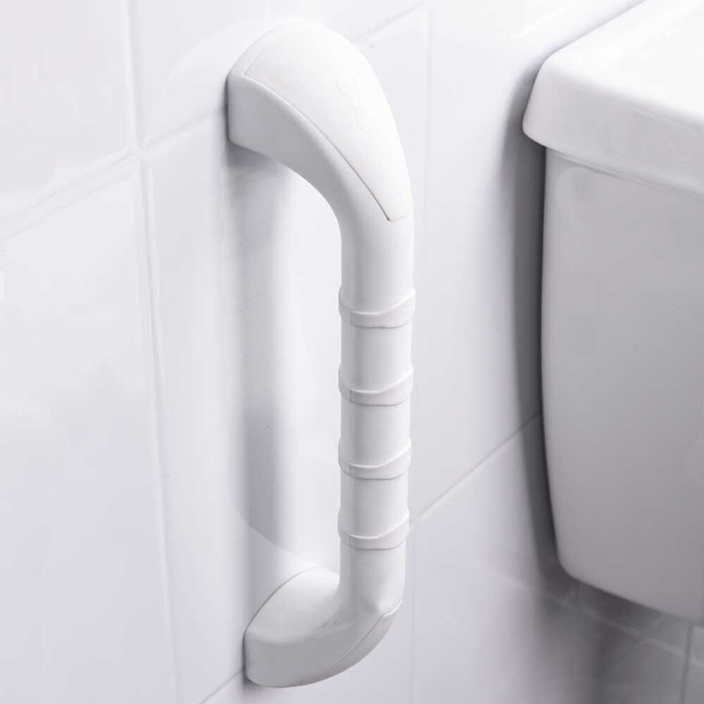 Full view of Prima Grab Rail grab rail with circular wall plates and a textured grip, designed to provide support in bathrooms and other areas.