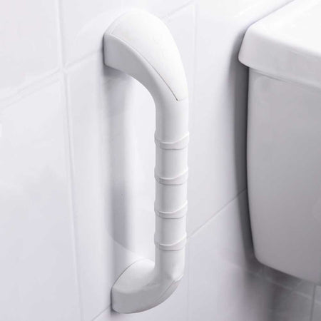 Full view of Prima Grab Rail grab rail with circular wall plates and a textured grip, designed to provide support in bathrooms and other areas.