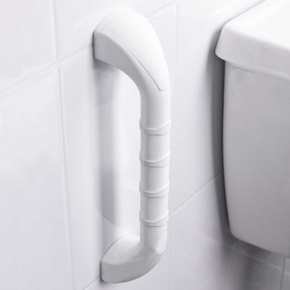 Full view of Prima Grab Rail grab rail with circular wall plates and a textured grip, designed to provide support in bathrooms and other areas.