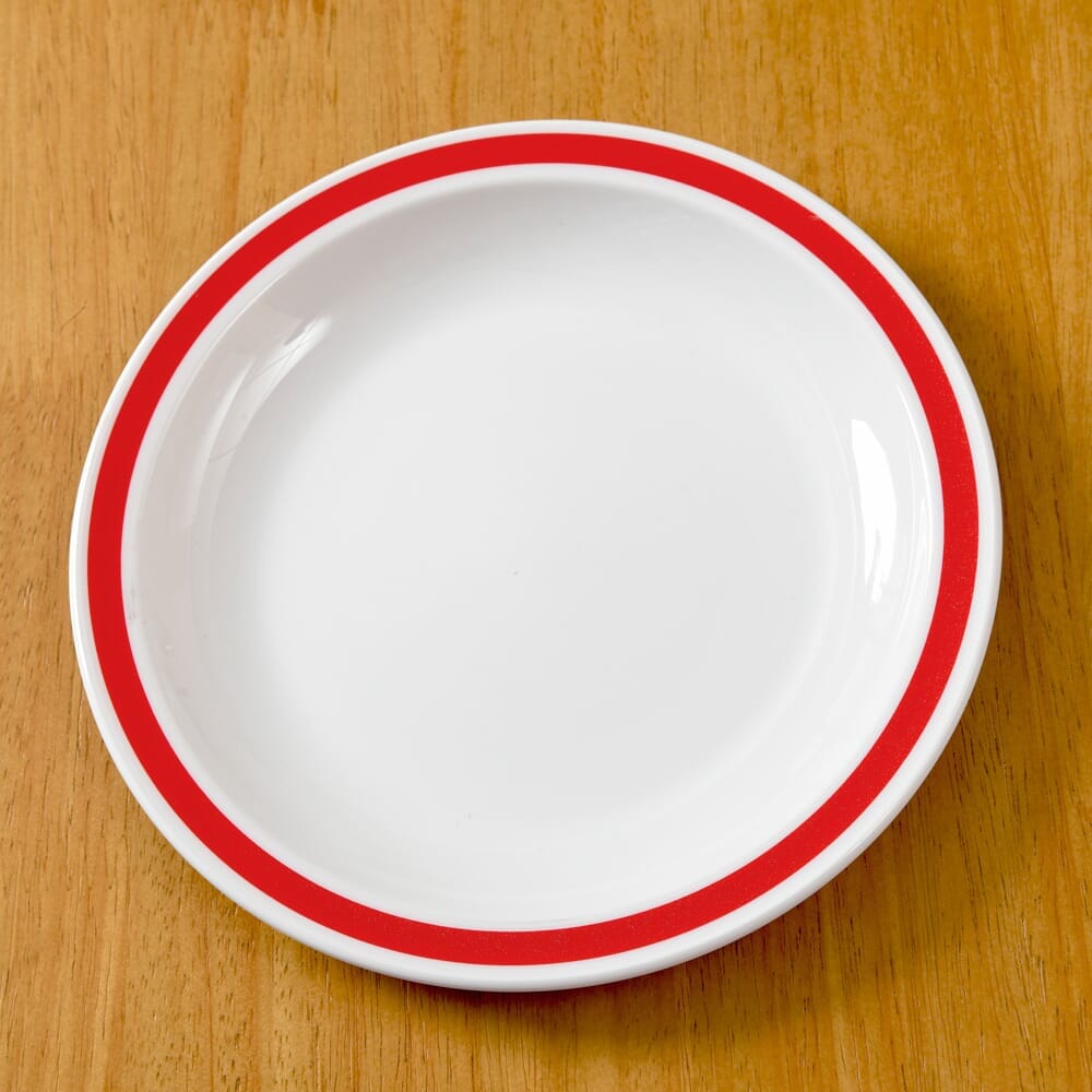 Close-up of a feature of Red Rimmed Plate.