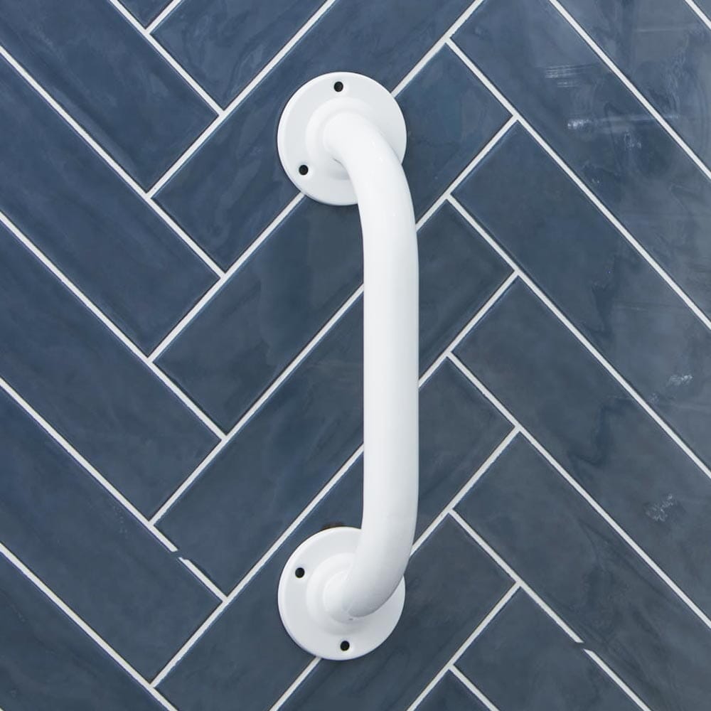 Full view of Ringwood Epoxy Coated Grab Rail grab rail with circular wall plates and a textured grip, designed to provide support in bathrooms and other areas.
