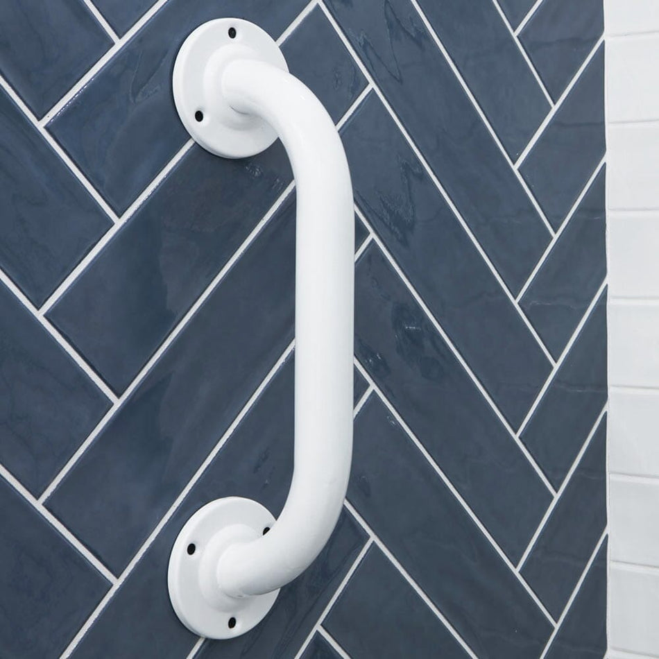 Close-up of a wall mounting plate on Ringwood Epoxy Coated Grab Rail grab rail showing screw holes for secure installation.