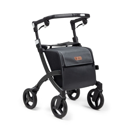 Angled view of Rollz Flex 2 0 Rollator rollator with seat, padded backrest, storage bag and four wheels on a plain background.