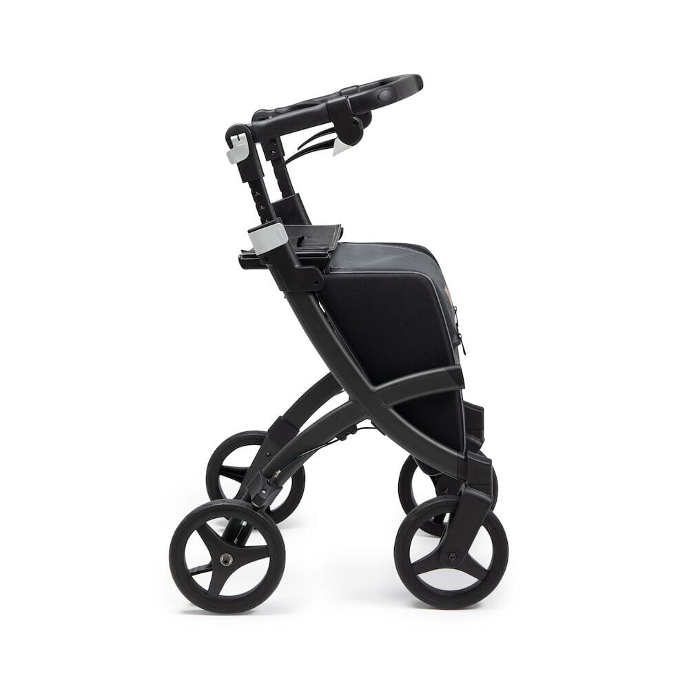 Front view of Rollz Flex 2 0 Rollator rollator with seat and padded backrest, showing the handlebars and brake cables.