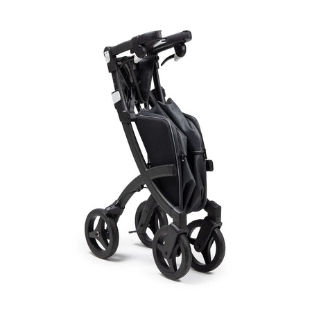 Rollz Flex 2 0 Rollator rollator folded from the front, demonstrating its slim, space-saving design.