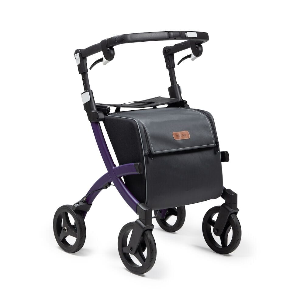 Angled view of Rollz Flex 2 0 Rollator rollator with seat, padded backrest, storage bag and four wheels on a plain background.