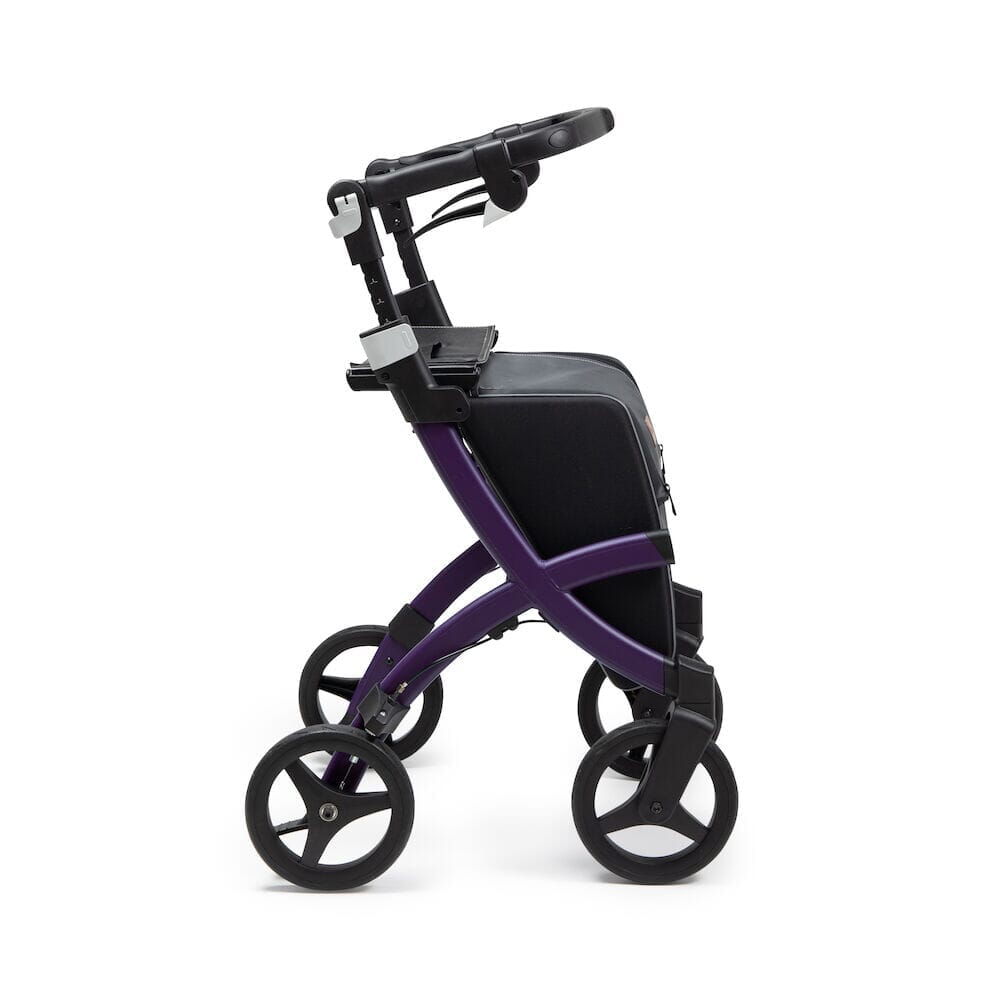 Front view of Rollz Flex 2 0 Rollator rollator with seat and padded backrest, showing the handlebars and brake cables.