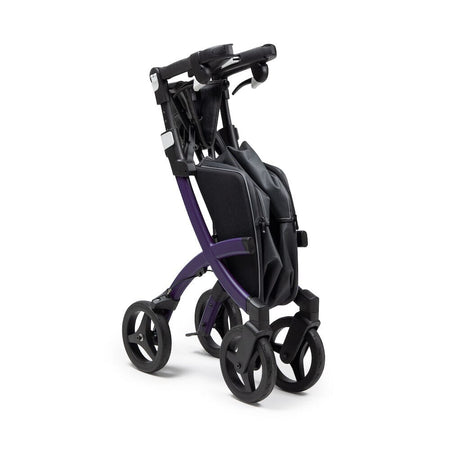 Rollz Flex 2 0 Rollator rollator folded from the front, demonstrating its slim, space-saving design.