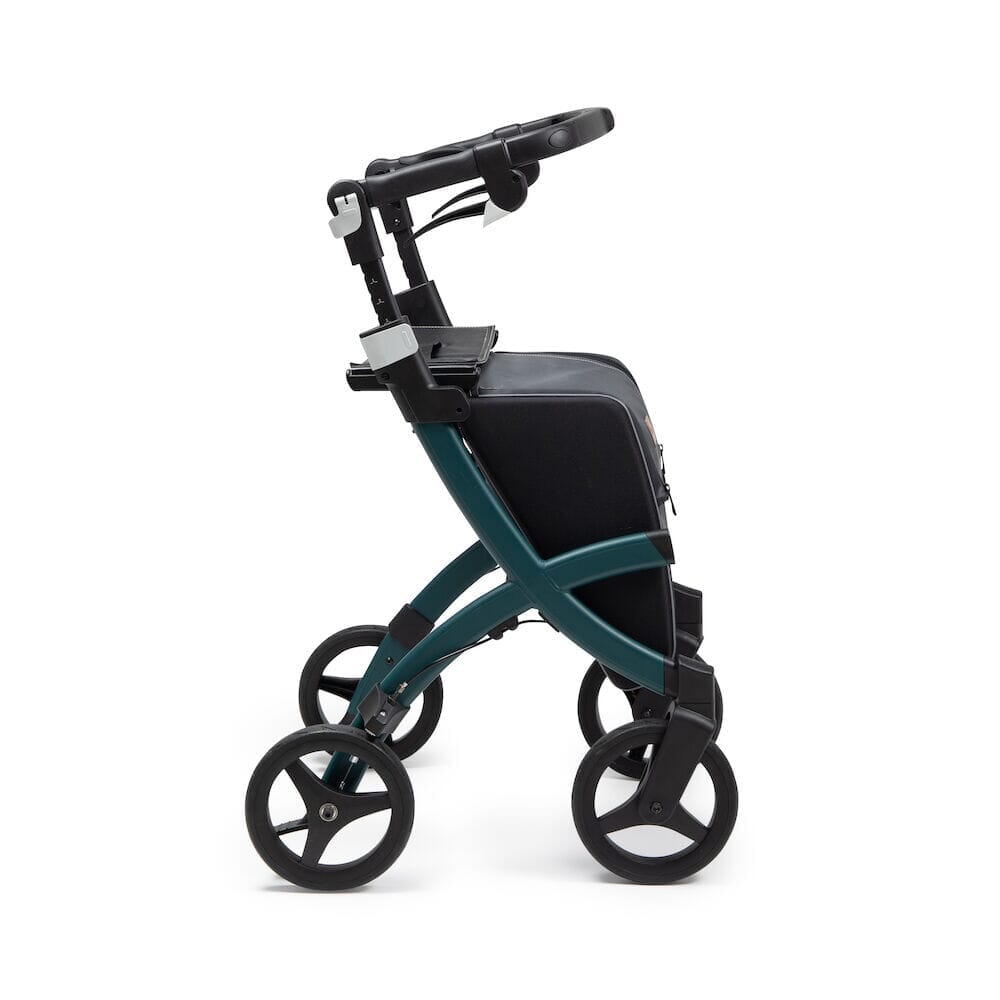 Front view of Rollz Flex 2 0 Rollator rollator with seat and padded backrest, showing the handlebars and brake cables.