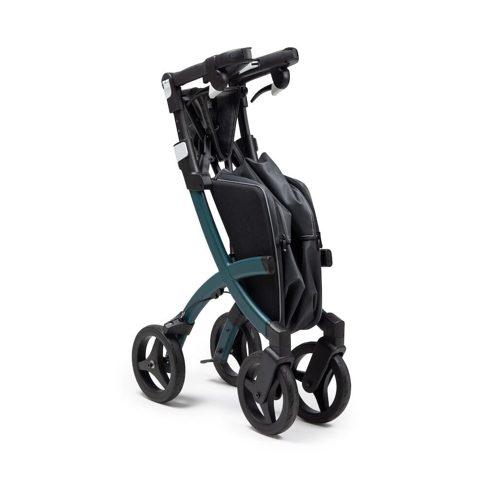 Rollz Flex 2 0 Rollator rollator folded from the front, demonstrating its slim, space-saving design.