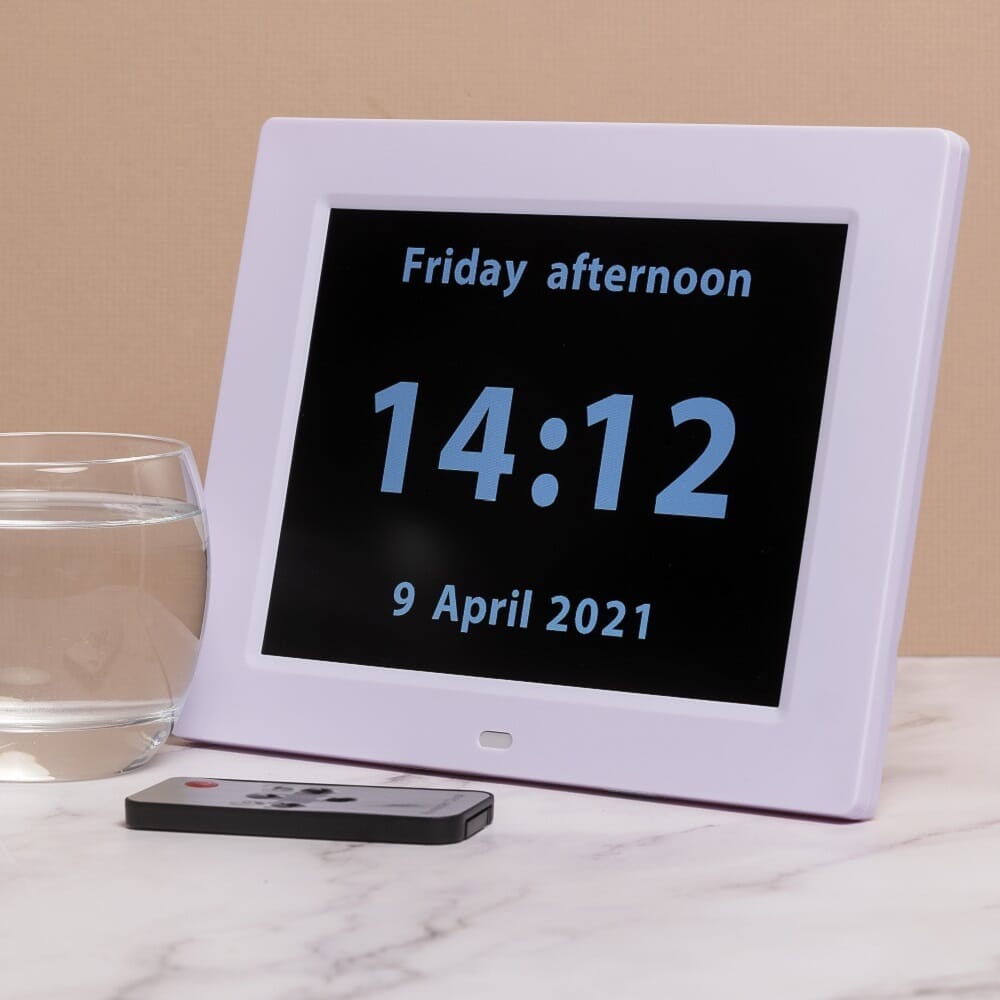 Close-up of a feature of Rosebud Reminder Clock-Dementia Clock.