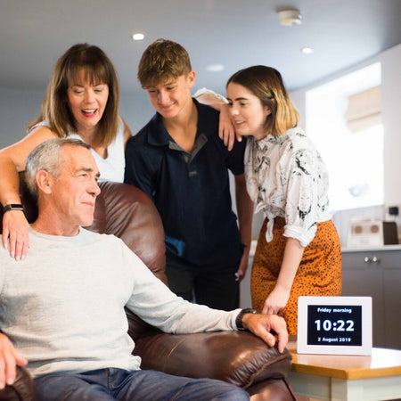 Diagram or packaging of Rosebud Reminder Clock-Dementia Clock highlighting dimensions or features.