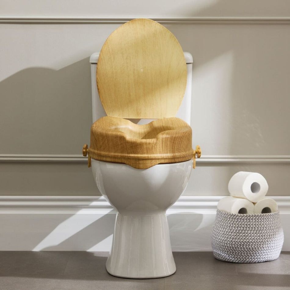 Alternative view of Sanctuary Oak Effect Raised Toilet Seat With Lid, showing different angle or usage.