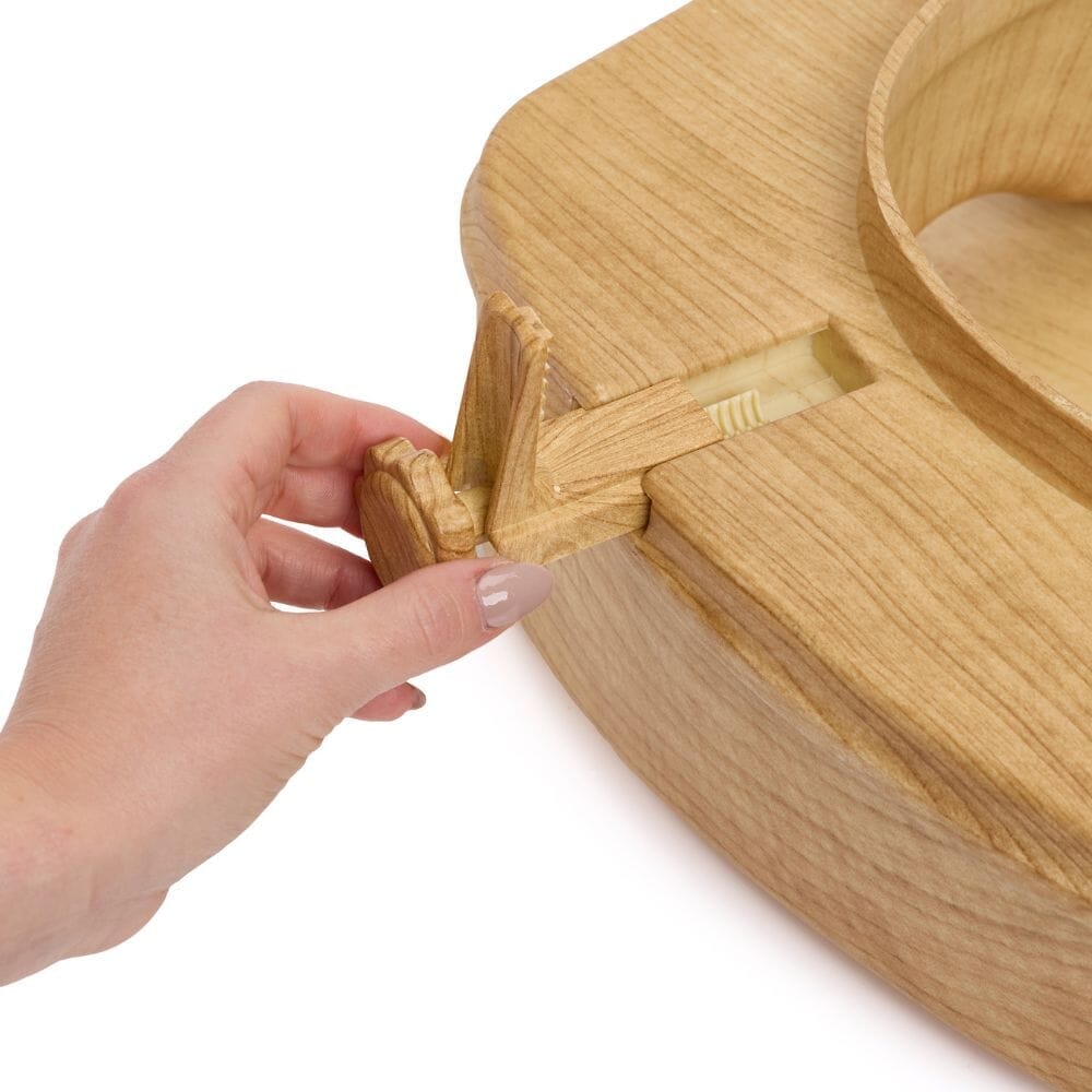 Diagram or packaging of Sanctuary Oak Effect Raised Toilet Seat With Lid highlighting dimensions or features.