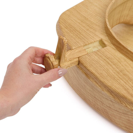 Diagram or packaging of Sanctuary Oak Effect Raised Toilet Seat With Lid highlighting dimensions or features.