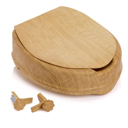 Diagram or packaging of Sanctuary Oak Effect Raised Toilet Seat With Lid highlighting dimensions or features.