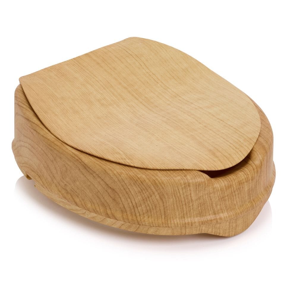 Diagram or packaging of Sanctuary Oak Effect Raised Toilet Seat With Lid highlighting dimensions or features.